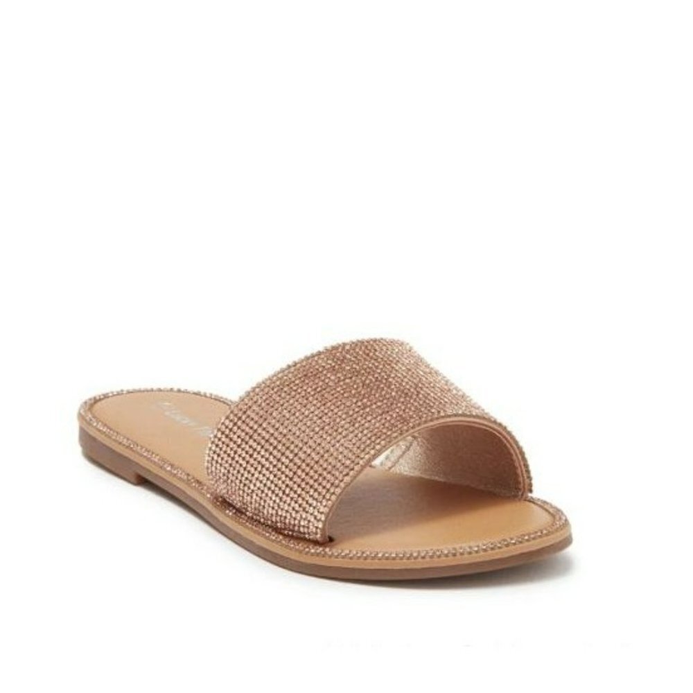 NIkki Women's Rhinestone Slide‎ Sandals Open Toe Flat Slip on Rose Gold Sz 6